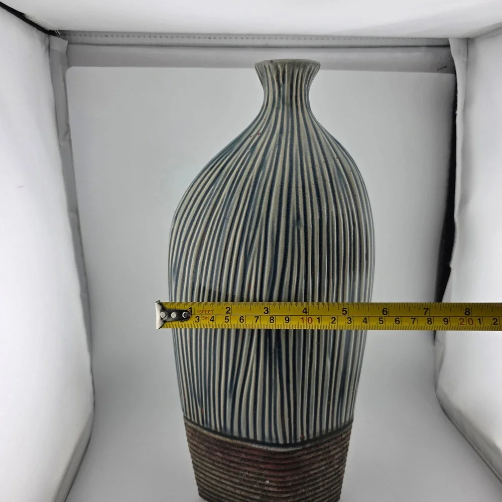 Pier 1 Decorative Vase Ribbed Ceramic Asymmetrical‎ Blue Brown Excellent  Decor